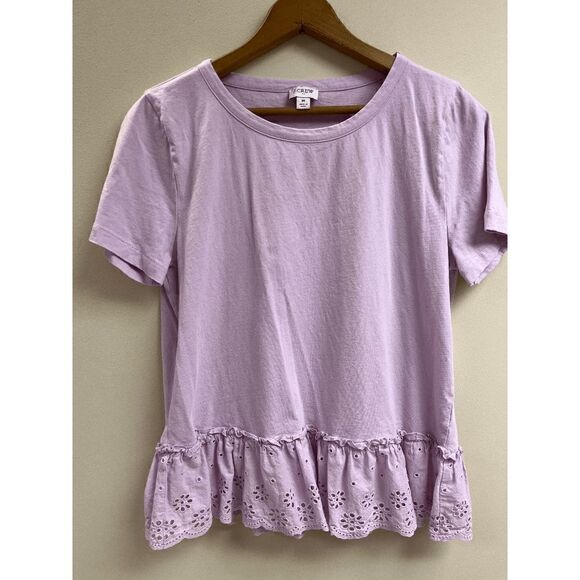 JCrew Womens Ruffled Eyelet Hem Short Sleeve Top Lavender Sz M 100% Cotton - Picture 1 of 9